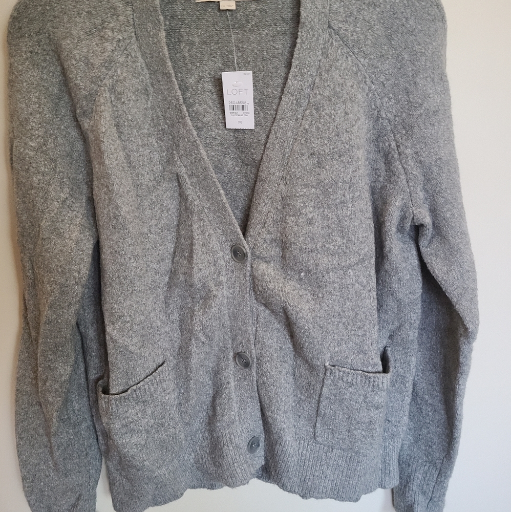 Grey Loft sweater, button down with pockets, M NWT